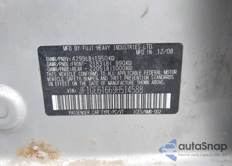 2009 Subaru Impreza 2.5I from USA, damaged, VIN JF1GE61669H514588